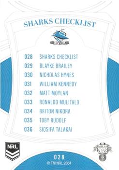 2023 NRL Traders Elite #028 Cronulla Sharks Checklist Back